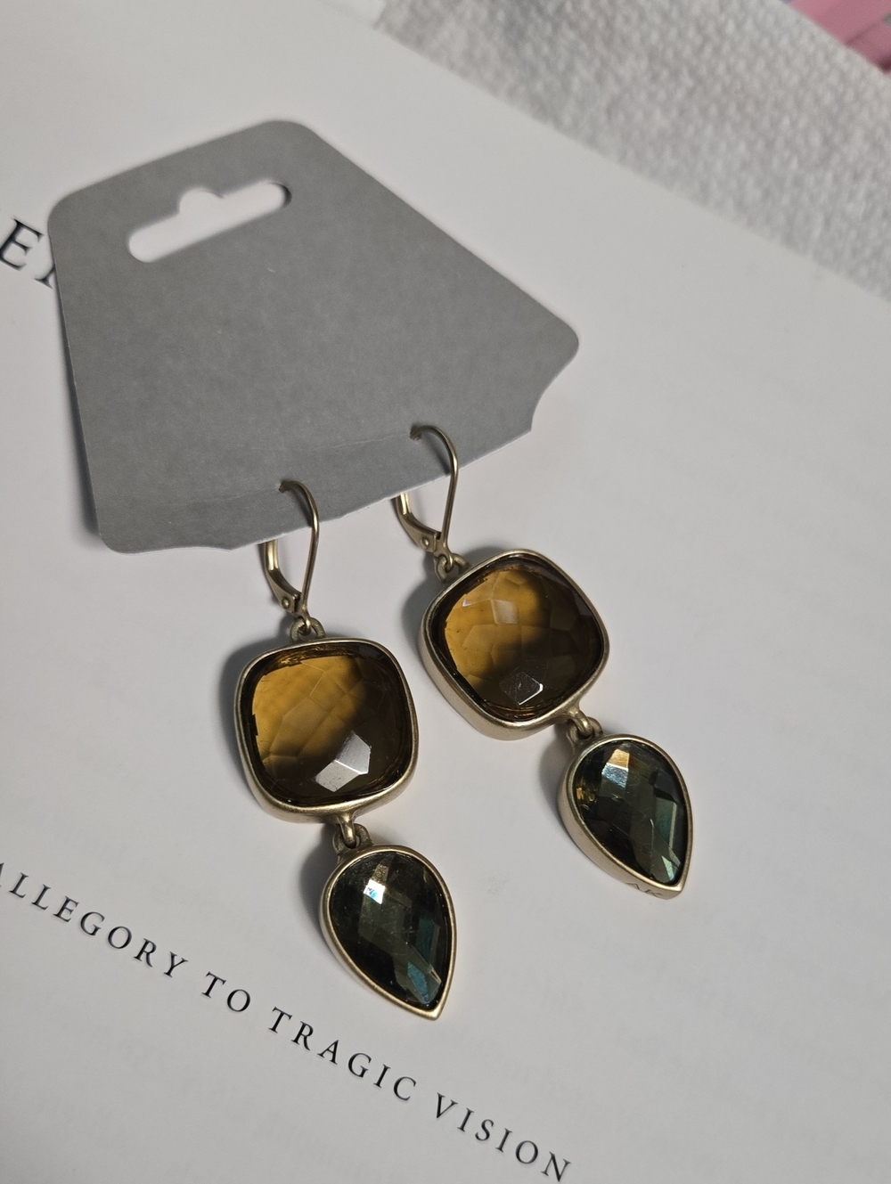 Anne Klein Gold-Tone Amber Brown  Green Faceted Drop Earrings